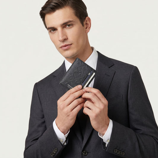 Ferragamo tarjetero Monogram · Negro y gris · 16 cm